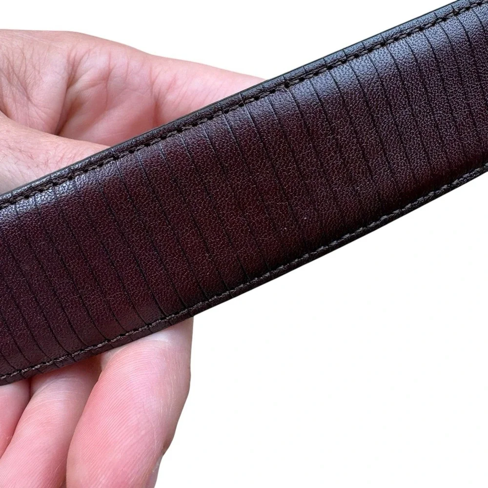 MEZLAN Men's Dark Brown Linear Ribbed Leather Dress Belt Sz 38 Made in Spain